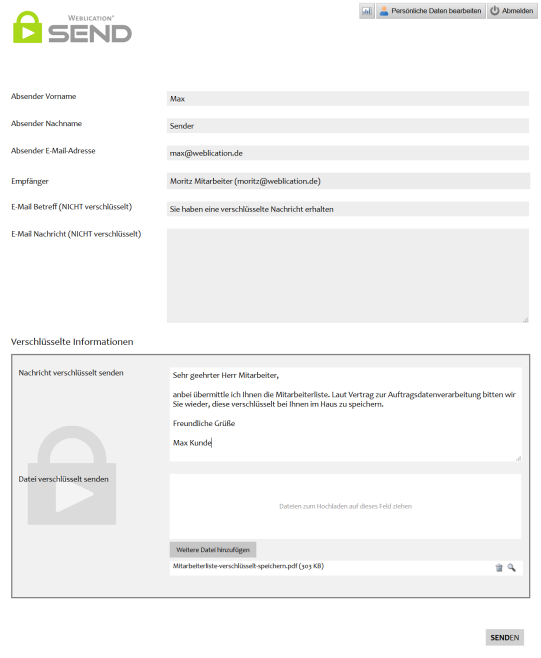 Weblication® SEND Benutzerformular